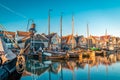 Urk Flevoland Netherlands, harbor with lighthouse on a bright summer in the Netherlands at the historical village of Urk