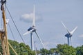 Urk, The Netherlands - June 15 2020 Windmills on the coast with trees, mast and birds moving. Wind power and Green energy. the