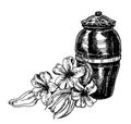 Urn for ashes. remation ceremony vase. Urn with ashes of deceased with white lily flower. Sorrow and memory symbol