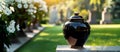 An urn with ashes stands in the cemetery. Funeral arrangements. Funeral services. Generative AI Royalty Free Stock Photo