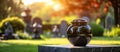 An urn with ashes stands in the cemetery. Funeral arrangements. Funeral services. Generative AI Royalty Free Stock Photo