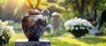 An urn with ashes stands in the cemetery. Funeral arrangements. Funeral services. Generative AI Royalty Free Stock Photo