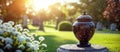 An urn with ashes stands in the cemetery. Funeral arrangements. Funeral services. Generative AI Royalty Free Stock Photo