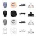 An urn with ashes, tears at a funeral, a ceremonial hearse, a church. Funeral ceremony set collection icons in cartoon