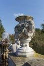 An Urn decorated with a Rams Head on a Stone balustrade in the Italian Gardens at Hyde Park