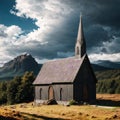 Urnes stavkirke at highland landscape photo. Beautiful nature scenery photography with cloudy sky on