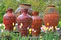 Decorative traditional Romanian urns in a tulip garden