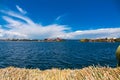 Uros floating island and Totora traditional boat on Titicaca lake, Puno city, Peru Royalty Free Stock Photo