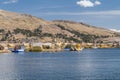 Uros floating island and village on Lake Titicaca near Puno, Peru