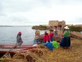 UROS ISLAND - LAKE TITICACA - PERU, January 3, 2007: Floating Uros Islands on Lake Titicaca. Unidentified Uros women