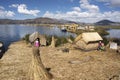 Uros, Peru - Jan 5, 2019. Traditional Totora boat with tourists on Titicaca lake near to the Uros floating islands , Puno, Peru, Royalty Free Stock Photo