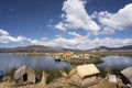 Uros, Peru - Jan 5, 2019. Traditional Totora boat with tourists on Titicaca lake near to the Uros floating islands , Puno, Peru, Royalty Free Stock Photo