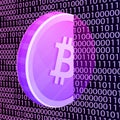 Urple bitcoin on binary background.