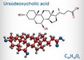 Ursodeoxycholic acid, ursodiol, UDCA molecule. It is used as cholagogue and choleretic in the treatment of cholelithiasis, biliary