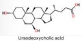 Ursodeoxycholic acid, ursodiol, UDCA molecule. It is used as cholagogue and choleretic in the treatment of cholelithiasis, biliary