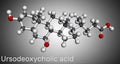 Ursodeoxycholic acid, ursodiol, UDCA molecule. It is used as cholagogue and choleretic in the treatment of cholelithiasis, biliary