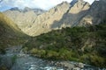 The Urubamba River in Peru in The Sacred Valley with The Andes Mountain range behind.