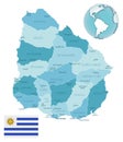 Uruguay administrative blue-green map with country flag and location on a globe