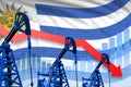 Lowering, falling graph on Uruguay flag background - industrial illustration of Uruguay oil industry or market concept. 3D