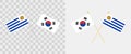 Uruguay and South Corea crossed flags. Pennon angle 28 degrees. Options with different shapes and colors of flagpoles - silver and