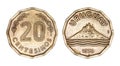 Uruguayan coin 20 twenty centesimos 1978, building on top of hill, stylized waves below, isolated on white background