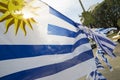 Uruguay flag in city street for sport event