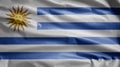 Uruguayan flag waving in the wind. Close up of Uruguay banner blowing soft silk