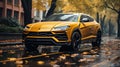 yellow Urus Lamborghini in rain