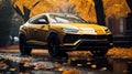 yellow Urus Lamborghini in rain