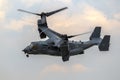 US Air Force Bell Boeing V-22 Osprey tiltrotor military aircraft in flight. UK - July 13, 2018