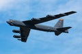 US Air Force Boeing B-52 Stratofortress strategic bomber plane at air base. Military aircraft. Aviation industry. Fly and flying