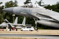 US Air Force F-15C Eagle fighter jet from 104th Fighter Wing taking off from Hohn Airbase during NATO exercise Air Defender 2023. Royalty Free Stock Photo