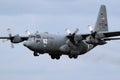 US Air Force Lockheed C-130H Hercules transport plane from 934th Airlift Wing from Minnesota landing on Eindhoven airbase. The