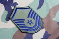 US AIR FORCE Master Sergeant rank patch on woodland camouflage uniform Royalty Free Stock Photo