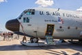 US Air Force ski-equipped LC-130H Hercules transport plane used for the Arctic and Antarctic at the Paris Air Show. France - June