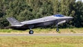 US Air Force 495th Fighter Squadron Lockheed Martin F-35 Lightning II combat aircraft from Lakenheath Airbase taking off from Royalty Free Stock Photo