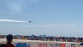 US Airforce Thunderbirds flying in the echelon for review over the crowds at Jones Beach