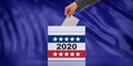 2020 USA election. Hand inserting an envelope in a ballot box slot, blue background. 3d illustration