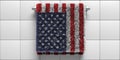 US America flag bath towel hanging on white wall background. Sanitary, hygiene, concept. 3d illustration