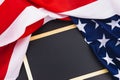 US American flag with blackboard on black background. For USA Memorial day,  Memorial day, Presidents day, Veterans day, Labor day Royalty Free Stock Photo