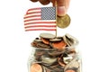 Us or American flag waving with money or coin