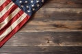 US American flag on wooden background. For USA Memorial day, Veteran`s day, Labor day, or 4th of July celebration. With blank Royalty Free Stock Photo