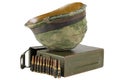 US Army Ammo Box with ammunition belt and helmet Royalty Free Stock Photo