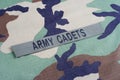 US ARMY CADETS branch tape on woodland camouflage uniform