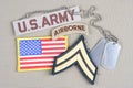 US ARMY Corporal rank patch, airborne tab, flag patch and dog tag