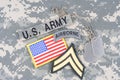 US ARMY Corporal rank patch, airborne tab, flag patch, with dog tag on camouflage uniform