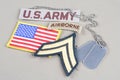 US ARMY Corporal rank patch, airborne tab, flag patch and dog tag