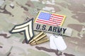 US ARMY Corporal rank patch, flag patch, with dog tag with 5.56 mm rounds on camouflage uniform