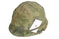 US Army helmet Vietnam war period with camouflage cover and ammo belt and amulet ace of hearts playing card Royalty Free Stock Photo