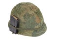 US Army helmet Vietnam war period with camouflage cover, magazine with ammo isolated Royalty Free Stock Photo